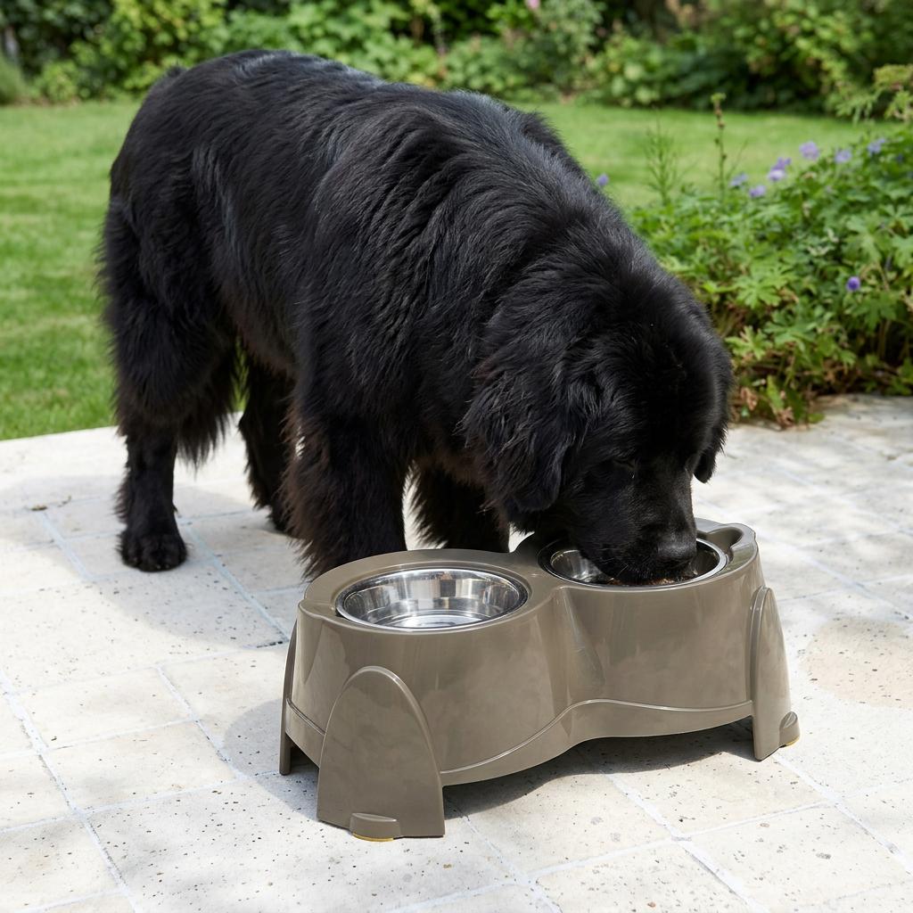 Newfoundlander met warmgrijze Savic Ergo Feeder van 28 cm hoog